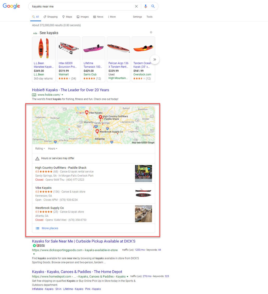 Kayaks Near Me Example Search
