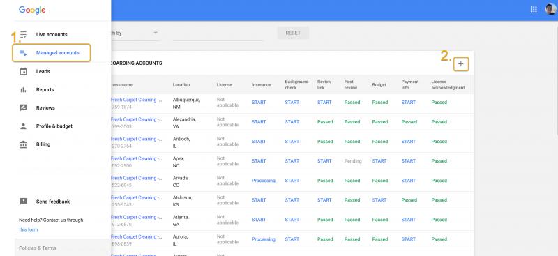 Screenshot of accounts on LSA dashboard