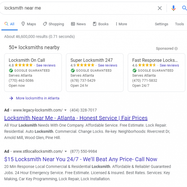 Screenshot of LSA and PPC ads on SERP