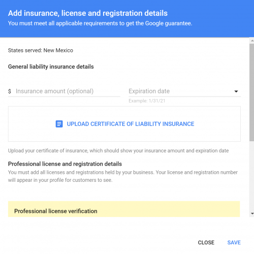 Screenshot of LSA business insurance upload screen