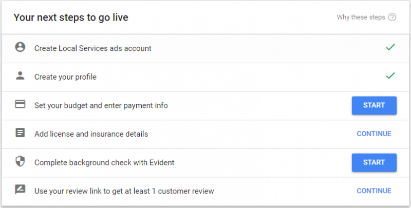 Screenshot of steps to go live on an LSA account in the LSA dashboad